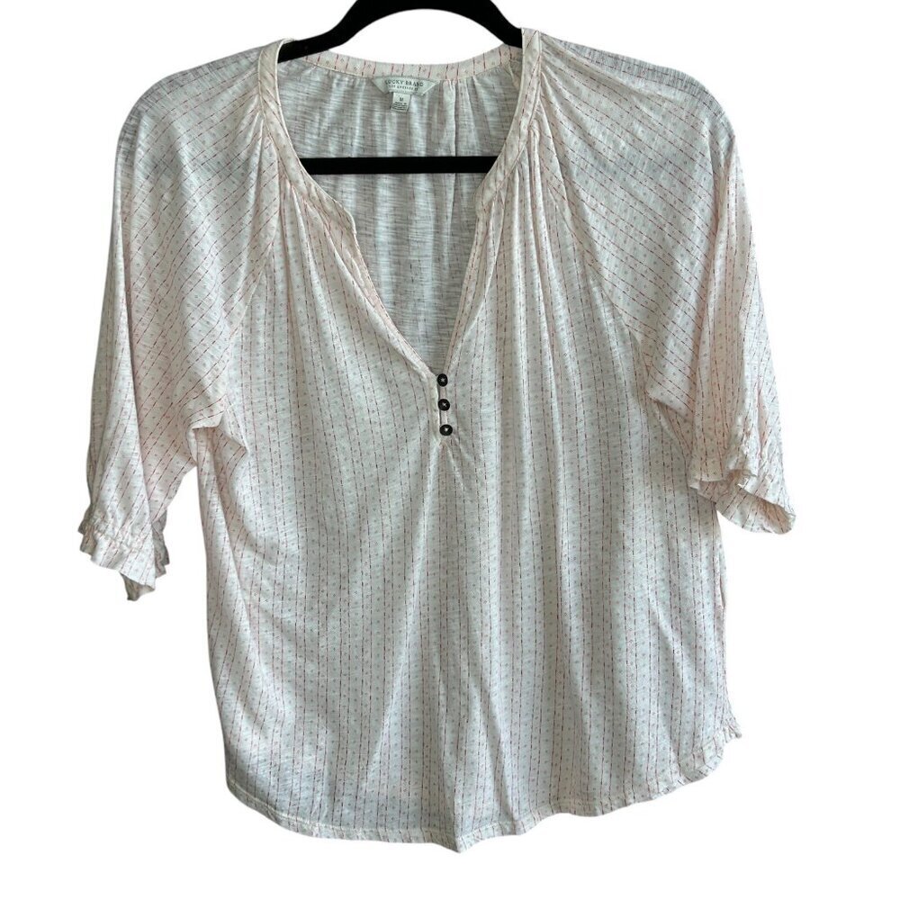 Lucky Brand Cream Pink Whimsical Boho Relaxed Casual Cotton Top Size Medium